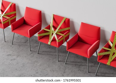 Top View Of Row Of Red Chairs Standing In Public Place With White Walls. Some Of Them Are Covered With Barrier Tape. Concept Of Social Distancing And Covid 19 Lockdown Easing. 3d Rendering