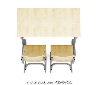 Top View Of A School Desk And Chairs Isolated On White Background. 3d Rendering.