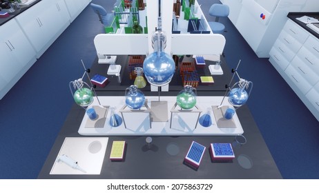 Top view of science medical lab working table with glass flasks, test tubes, beakers and other modern research laboratory equipment in close-up. With no people 3D illustration from my 3D rendering.