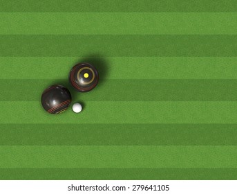 A top view of a set of wooden lawn bowls next to a jack on a perfect flat green lawn 