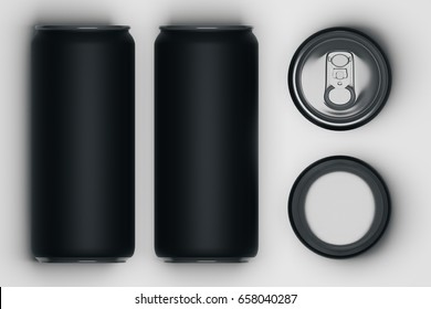 Top view of several black beer cans on light background. Container concept. Mock up, 3D Rendering