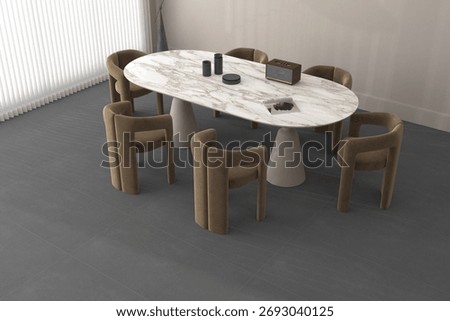 Top view from side of a dining area interior with mat gray tiles on floor, beige marble on wall, neutral setup. 3D Rendering