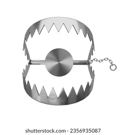 top view silver steel bear trap chain isolated on white background. silver steel bear trap chain element isolated. silver steel bear trap chain element isolated 3d render