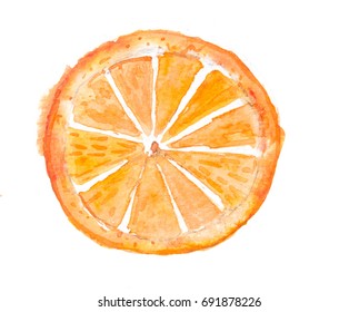 Top View Slice Of Orange Fruit On White, Watercolor Painting, Fruit Art, Kitchen Decorate