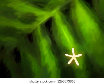Top view of a small five-lobed leaf of one plant (off camera) fallen onto a larger leaf in a row of green leaves of another plant in a greenhouse, with digital painting effect and canvas texture