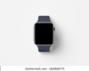 Top view Smart Watch with deep navy sport band. Dark blue band. Isolated modern smart watch mockup. Template.