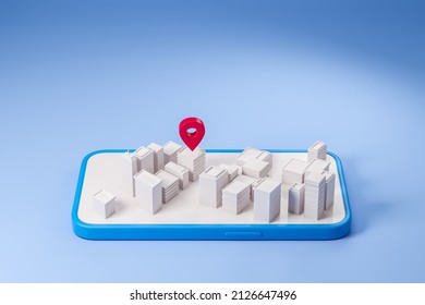 Top View Of Smartphone With Isometric City View On Screen, Red Location Pin On Blue Background. Concept Of Navigation In City. 3D Rendering 