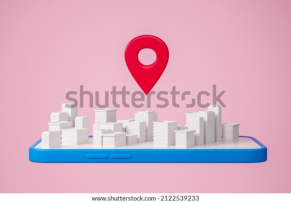 Top view of smartphone with isometric city view on\
screen, red location pin on pink background. Concept of navigation\
in town. 3D rendering\
