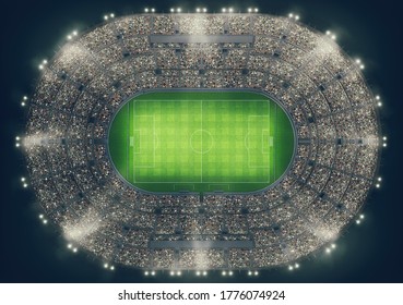 Top View Of A Soccer Stadium Full Of People During A Night Game . 3D Rendering