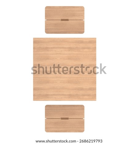 Top view of square dining set with two stools made from oak wood. Clean and modern furniture with natural grain and compact proportion