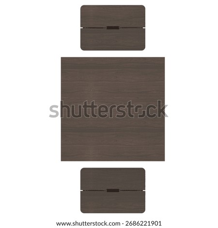 Top view of square dining set with two stools made from walnut wood. Refined furniture layout with rich brown tone and compact proportion