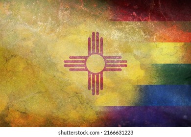 Top view of state lgbt retro flag of New Mexico, USA with grunge texture. no flagpole. Plane design, layout. Flag background. Freedom and love concept. Pride month. activism