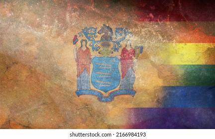 Top view of state lgbt retro flag of New Jersey, USA with grunge texture. no flagpole. Plane design, layout. Flag background. Freedom and love concept. Pride month. activism