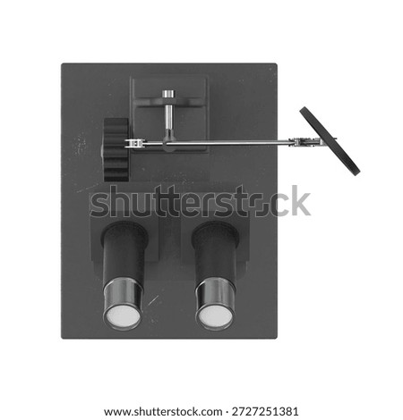 Top view of a stereo microscope with focus knob and dual eyepieces