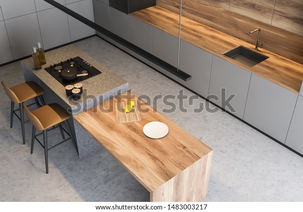 Top View Stylish Kitchen Gray Walls Stock Illustration 1483003217