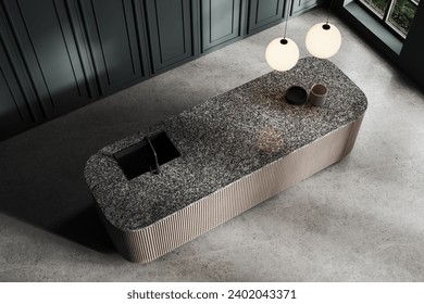 Top view of stylish kitchen interior with dark green walls, concrete floor and cozy island with built in sink. 3d rendering