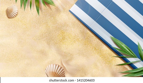 Top View Summer Beach With Tropical Plants And Striped Blanket In 3d Illustration