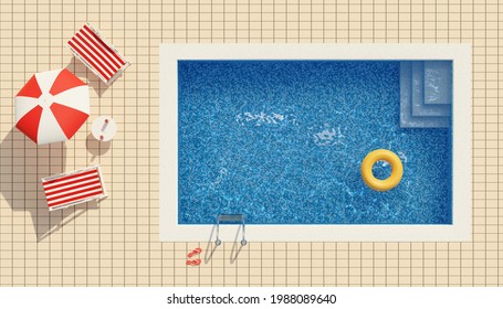 Top View Of A Swimming Pool, Deck Chairs And Umbrella. Summer Concept. 3d Illustration.