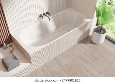 Top view of tile hotel bathroom interior with stone bathtub and accessories, concrete floor. Minimalist bathing space in modern apartment, panoramic window on tropics. 3D rendering