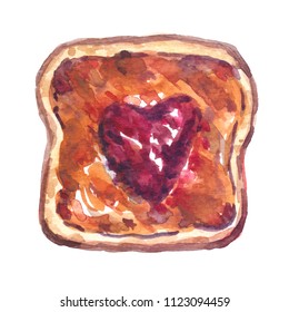 Top view traditional open sweet sandwich: peanut butter spread   heart  shaped jelly slice toasted bread  Food illustration painted in watercolor clean white background  