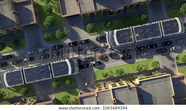 Top view. Transport of the future in an\
urban environment. 3d\
illustration.