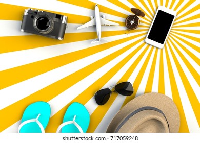 Top view of Traveler's accessories on striped yellow background, Essential vacation items, Travel concept, 3D rendering - Shutterstock ID 717059248