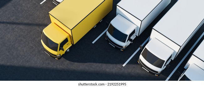 Top View Of Trucks Parked Outdoors, Truck Stop With Yellow And White Cars. Concept Of Delivery And Logistics. Mockup Copy Space. 3D Rendering