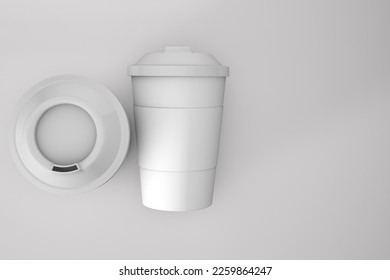 Top view two coffee, cups, blank, plain, made for mock-up, 3d render, white