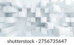Top view of various height 3D white columns and cubes. Abstract city model or bar chart concept for business data and architectural design.