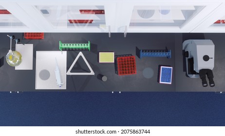 Top View Of Various Laboratory Equipment On A Workplace Table In Modern Scientific Research Lab. With No People Medical And Science Technology Concept 3D Illustration From My Own 3D Rendering.