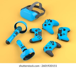 Top view virtual reality glasses and controllers for online and cloud gaming on yellow background. 3D rendering of device for virtual design in augmented reality or virtual gaming in VR