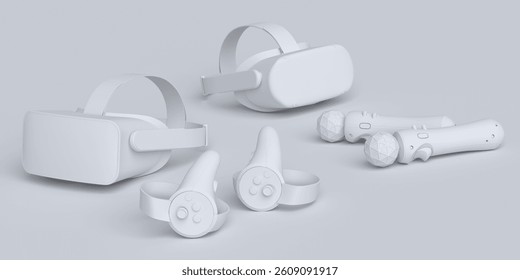 Top view virtual reality glasses and controllers for online and cloud gaming on monochrome background. 3D rendering of device for virtual design in augmented reality or virtual gaming in VR