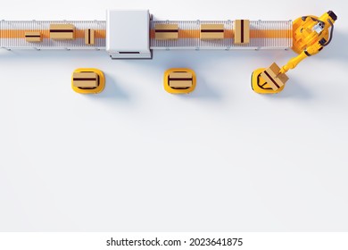 Top View Warehouse And Conveyor Line With Working Automatic Vehicle And Robot Equipment, 3D Illustrations Rendering 