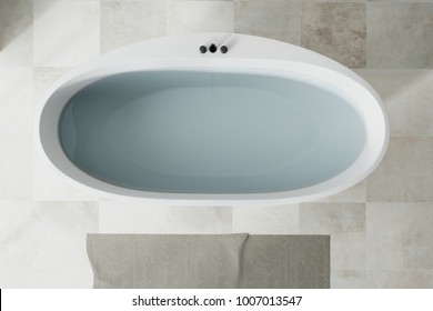 Top View Of A White Bath Tub Filled With Clear Water Standing On A White Tiled Bathroom Floor. 3d Rendering