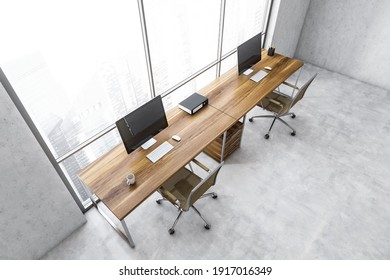 Top View Of White Business Office Room With Wooden Tables And Computers, Beige Chairs On Marble Floor. Office Furniture Near Window, 3D Rendering No People