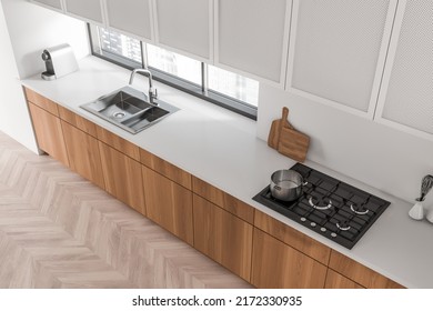 Top View Of White Kitchen Interior With Deck And Kitchenware, Light Hardwood Floor. Panoramic Window On Singapore City View. 3D Rendering