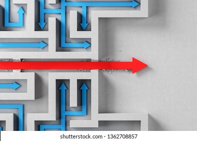 Top View Of White Maze With Red Arrow Breaking Walls And Leading Out. Concept Of Solution Search And Finding Way Out. 3d Rendering