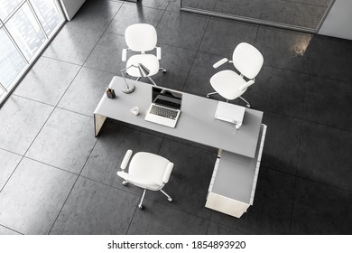 Top View Of White Office Lobby Reception Room With Laptop On The Table And Three White Chairs, Black Tile Floor And Large Window With View On Skyscrapers. Business Office Room For Clients, 3D Renderin