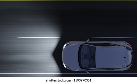 Top View Of A White Sports Car Moving In The Dark 3D Rendering