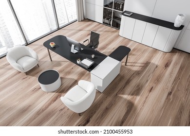 Top view of white and wooden office room interior with two armchairs and coffee table, desk with pc computer, shelf and drawer on parquet floor. Panoramic window with city view, 3D rendering