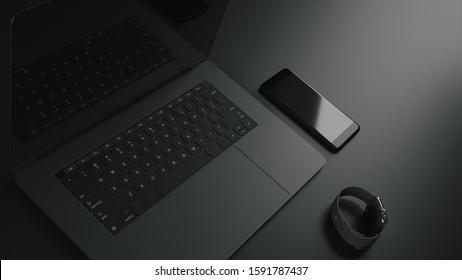 Top view work space with laptop on a black background. Black laptop on black table. Laptop, smartphone and watch on a black background. 3d illustration