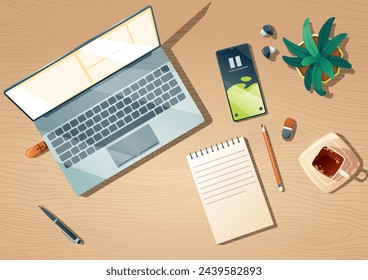 Top view of workspace with computer, stationery, coffee cup and plant on wooden table. cartoon flat lay of workplace with monitor, keyboard, mobile phone, note book and headphones on desk