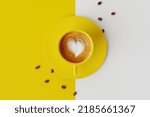 Top view of a yellow cup of coffee on a yellow pastel background and a coffee zone. Concept of drinking coffee, cafe. Energy. 3d rendering, 3d illustration.