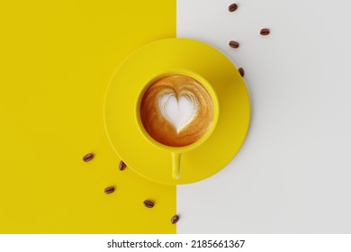 Top view of a yellow cup of coffee on a yellow pastel background and a coffee zone. Concept of drinking coffee, cafe. Energy. 3d rendering, 3d illustration. - Powered by Shutterstock