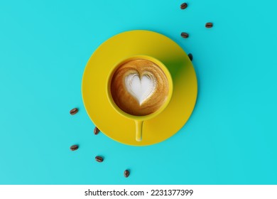 Top view of a yellow cup of coffee on a blue pastel background and a coffee zone. Concept of drinking coffee, cafe. Energy. 3d rendering, 3d illustration. - Powered by Shutterstock