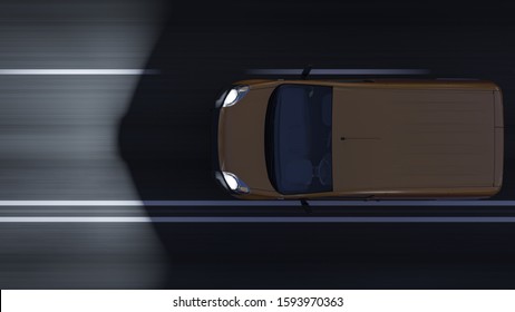 Top View Of A Yellow Mini Van Moving On The Road At Night 3D Rendering