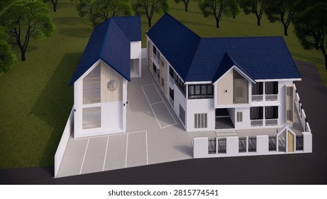 Top-angle 3D architectural render of a modern multi-family apartment building or dormitory complex featuring white walls, dark blue roofs, a courtyard parking area, and a secure perimeter fence.