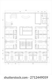 Top-down 2D architectural floor plan for the ground or main floor of a hotel, showing guest rooms, a large lobby, and a central core. Related to hotel ground floor functional layout, commercial lobby