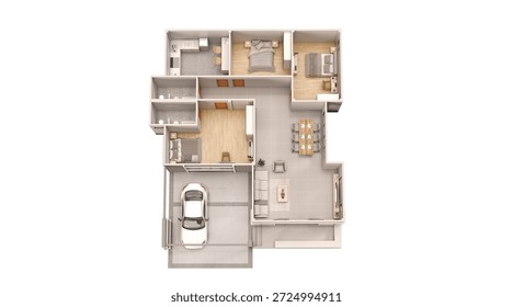 Top-down 3D floor plan view showing interior furniture layout, including three bedrooms, living area, dining room, and kitchen.