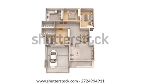 Top-down 3D floor plan view showing interior furniture layout, including three bedrooms, living area, dining room, and kitchen.